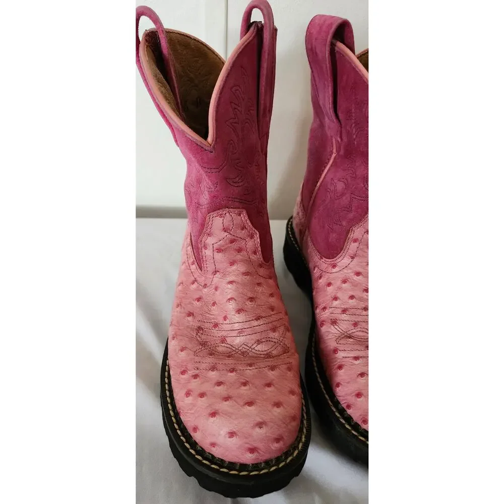 Ariat Fatbaby Pink Ostrich Print Leather Hot Pink Suede Western Boots 6 B